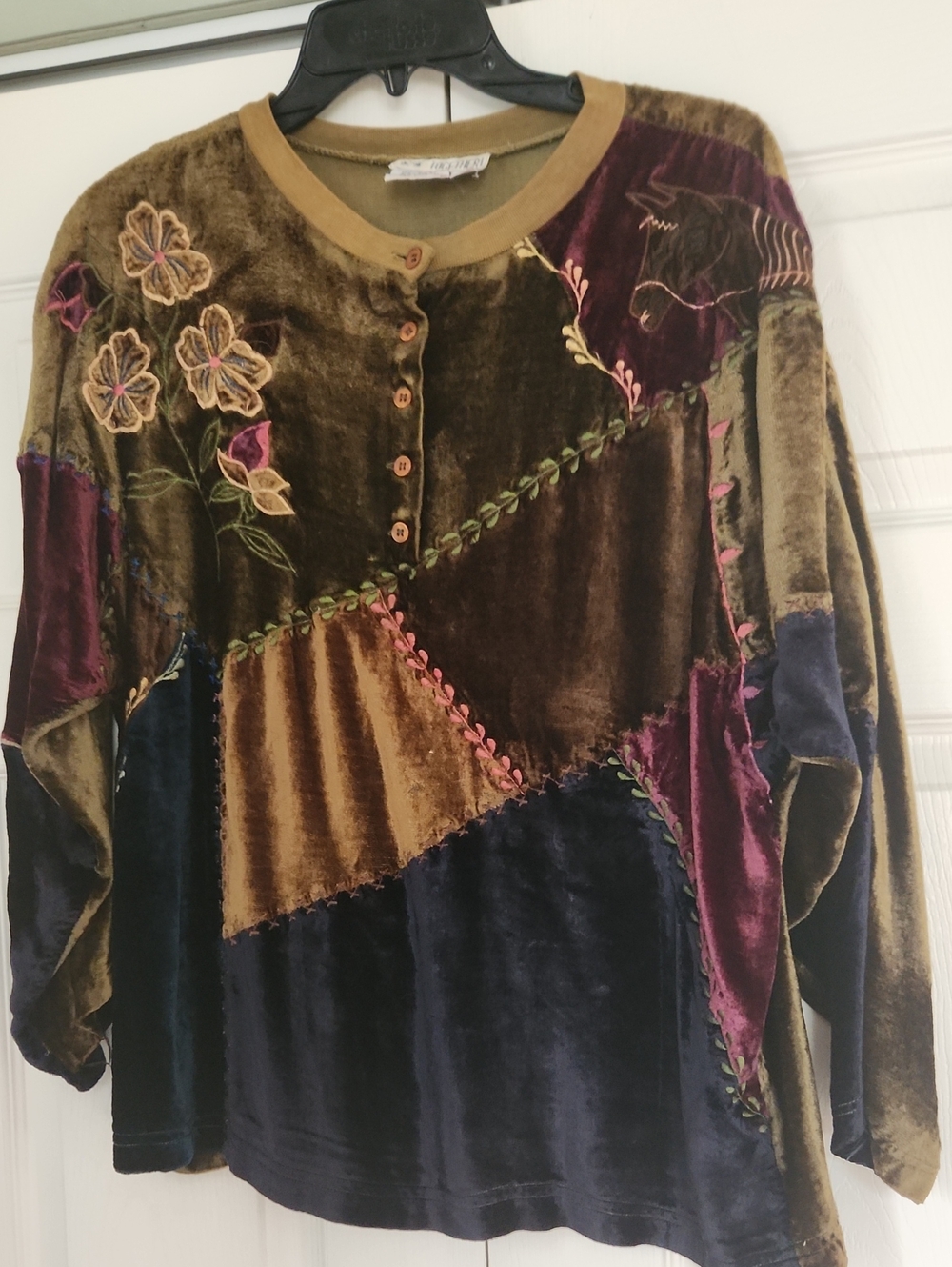 Vintage Together Velvet Patchwork Long-Sleeve Top in Olive, Navy & Plum